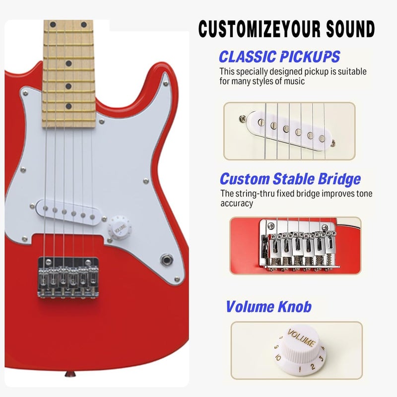 CB SKY 30 Inch Kids Electric Guitar Beginner Kit, Junior Size Mini Electric Guitar for Children with Amplifier (battery/adaptor not included) and Guitar bag, Unisex Red - Image 2
